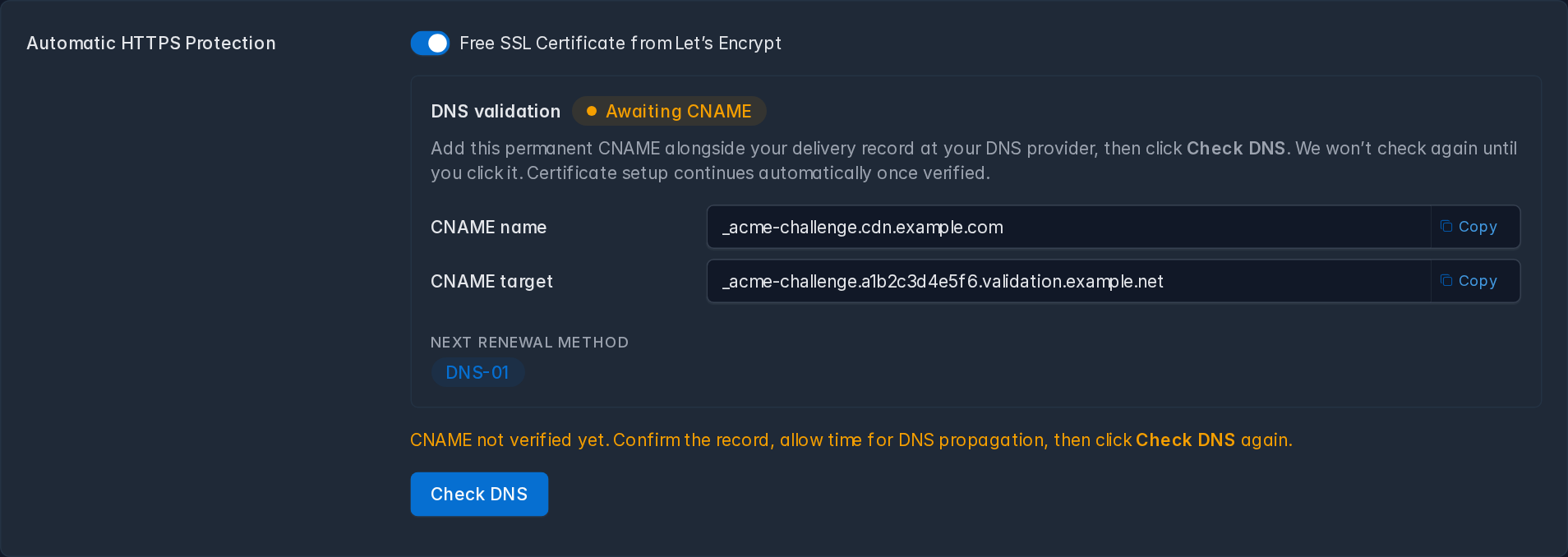 Contoh Free SSL aktif dengan status Awaiting CNAME, kolom record DNS, dan tombol Check DNS
